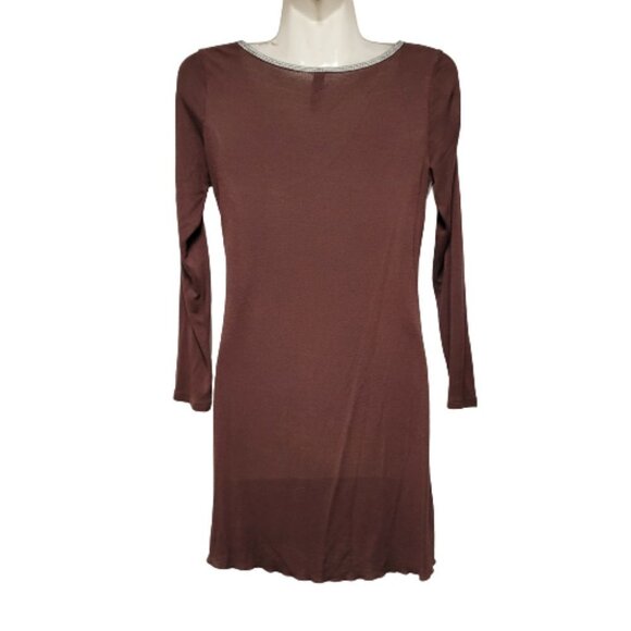 Long Sleeve Brown Mini Dress Tunic Top  Sequin Embellished White Feather Motif - Picture 2 of 7